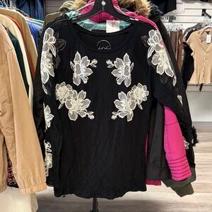 INC International Concepts Black Blouse with White Floral Embroidery